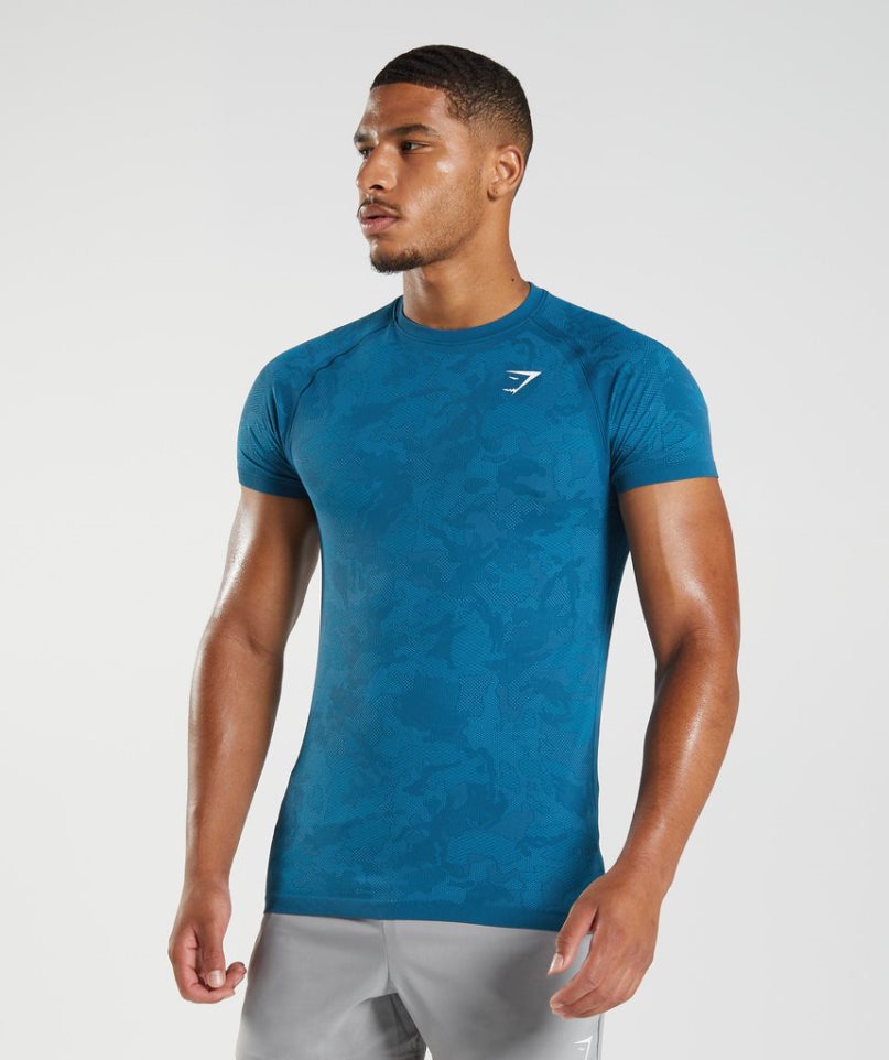 Koszulki Gymshark Geo Seamless Męskie Niebieskie | PL 057UHB